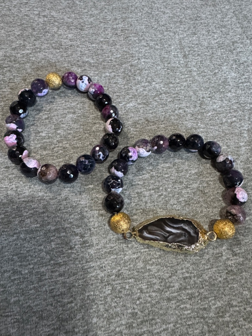 Handmade Purple Agate Bead Bracelet with Gold Accents